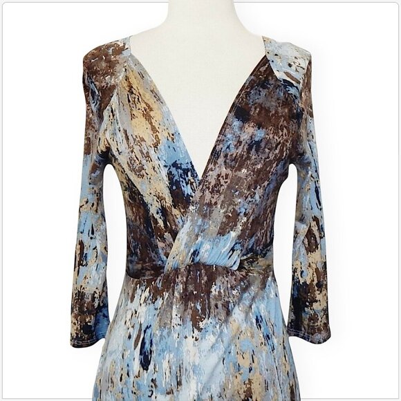 Three Dots 3 Brown Gray Beige Splatter Marble Print Empire Soft Knit Dress S - Picture 2 of 4